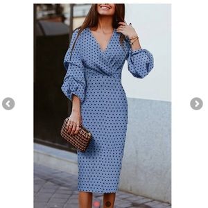 Light-blue V Neck Polka Dot Puff Sleeve Dress